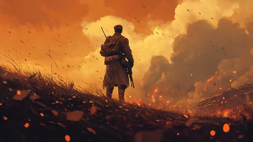 Solitary armed figure in burning battlefield landscape at dusk.