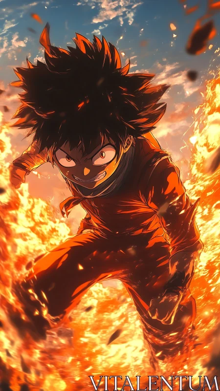 Fiery anime warrior charging through eruptive orange flames.