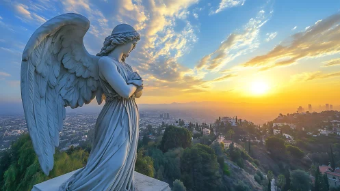 Marble angel statue above hillside city at sunset.