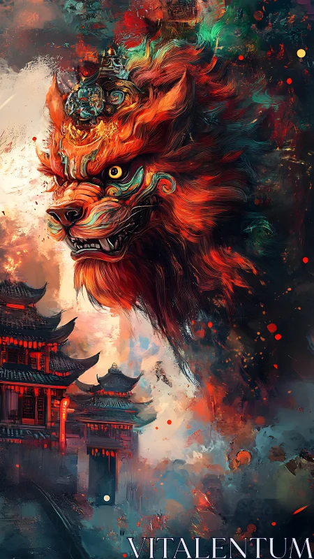 Fiery guardian spirit looms above neon-lit ancient temple gate.