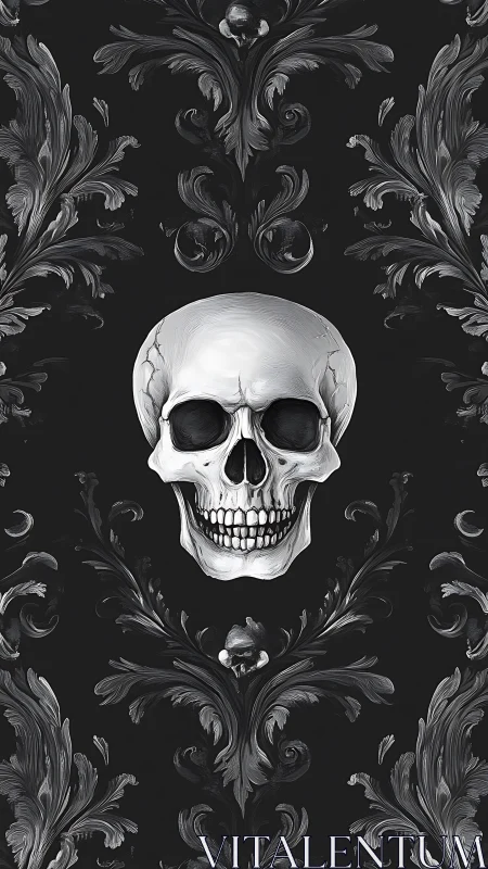 Ornate silver skull framed by dark swirling flourishes.