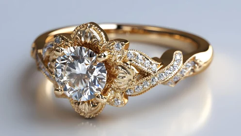 Ornate gold diamond engagement ring with floral vintage design.