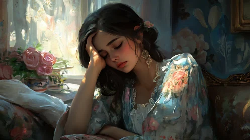 Young woman resting indoors in floral patterned robe.