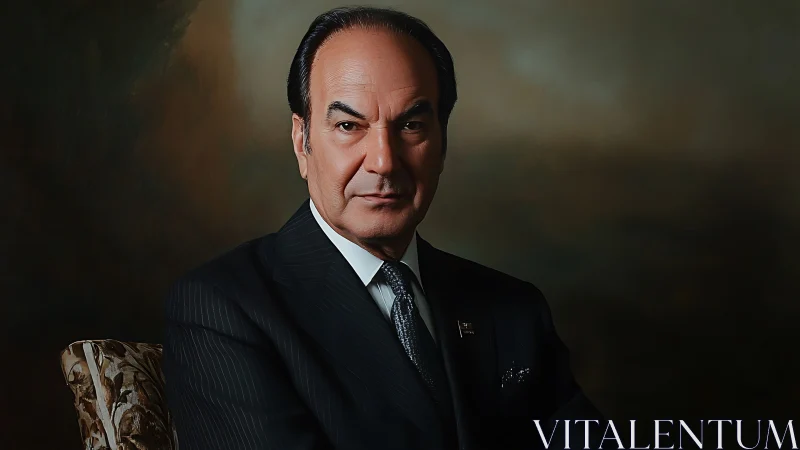 Steel-gazed gentleman in charcoal pinstripes, quietly commanding.