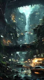 Vertical cyber-slum canyon with waterfall-driven microclimate.