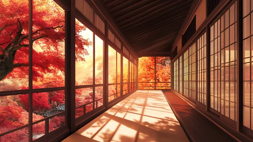 Peaceful tatami corridor glowing with gentle autumn light.