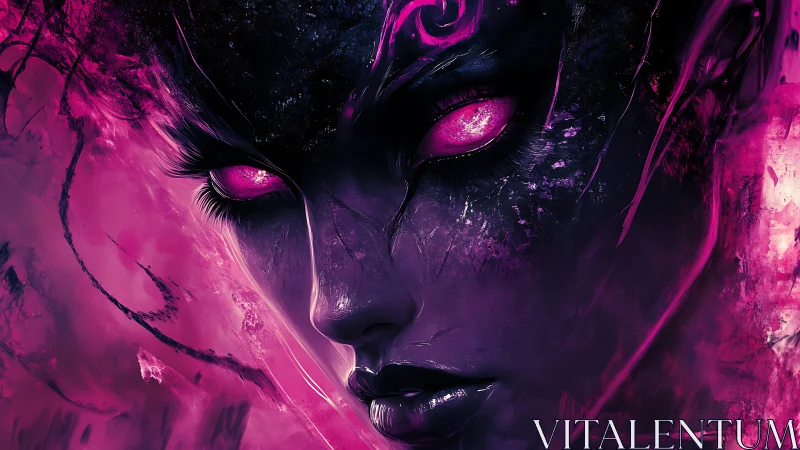 Spectral cybernetic visage with neon magenta luminescent eyes.