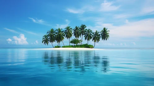 Isolated tropical island with coconut palms in open ocean.