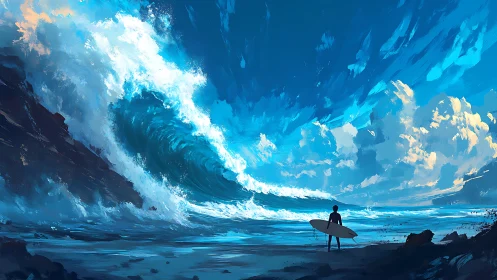 Brave surfer quietly studies a towering glowing blue wave