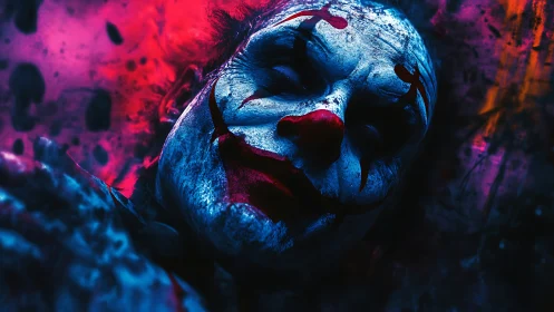 Neon nightmare clown drifts through electric midnight haze.