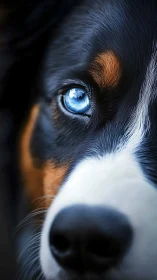 Macro portrait of blue-eyed tricolor dog with shallow focus