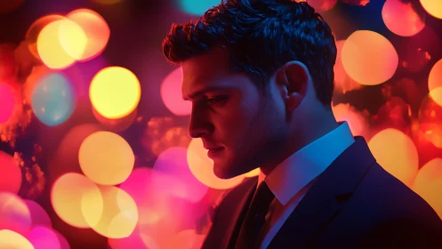 Thoughtful man in suit against vivid colorful bokeh lights.