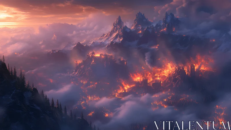 Flaming Kingdom Emerges From Clouds at Dusk
