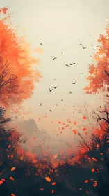 Autumn Forest Landscape with Birds in Flight.