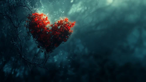 Radiant Scarlet Heart Suspended in Ethereal Teal Atmospheric Gradient