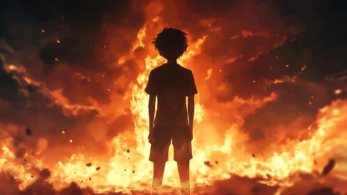 Silhouetted youth confronts blazing inferno in cinematic anime.