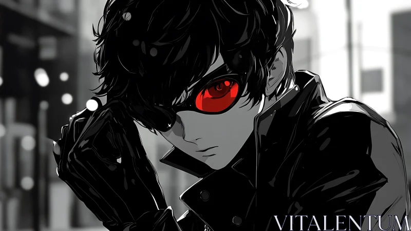 Brooding masked vigilante in monochrome city nightscape.