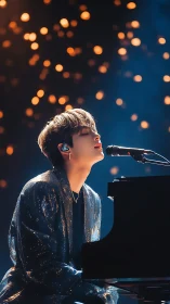 Pianist in glitter jacket sings under warm bokeh lights.