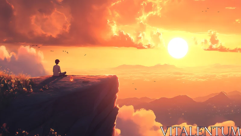 Sunset meditation above the clouds on a glowing cliff edge.