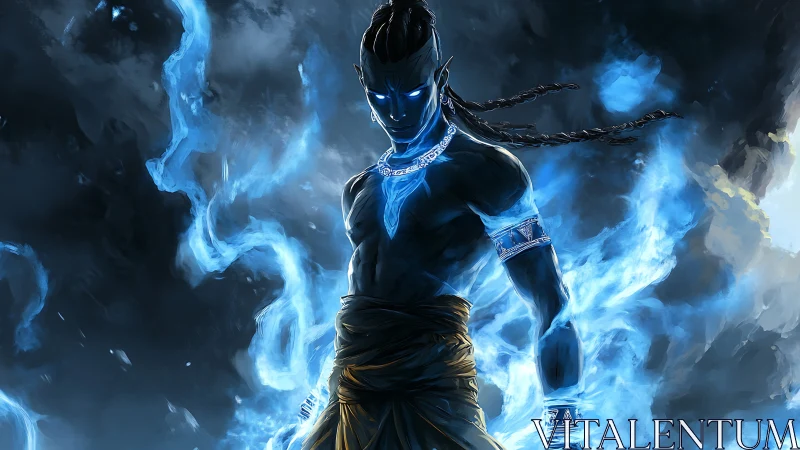 Bioluminescent warrior silhouette radiates blue ethereal plasma