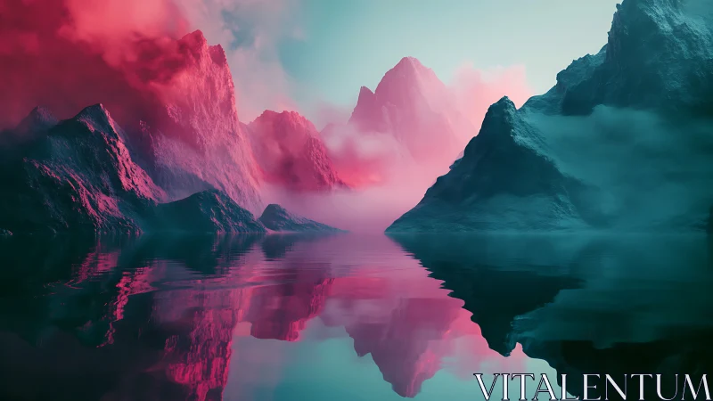 Neon mist mountains mirrored in still alien lake.