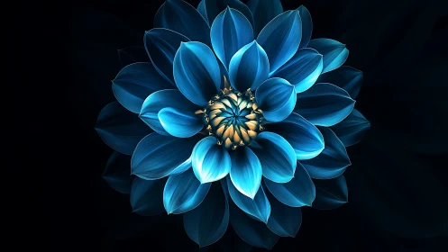 Blue Dahlia with Golden Center Against Deep Navy Backdrop.