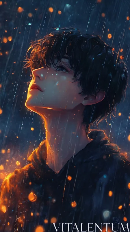 Luminous rain portrait with thermal-contrast rim lighting study.