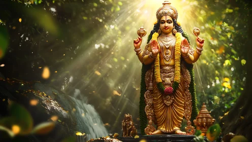 Golden Hindu goddess statue stands radiant in forest light
