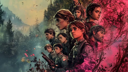 Survivors stand united in a vivid post‑apocalyptic forest tableau.