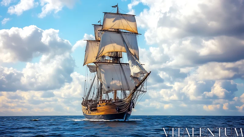 Tall-masted wooden sailing ship advances under full rig in daylight
