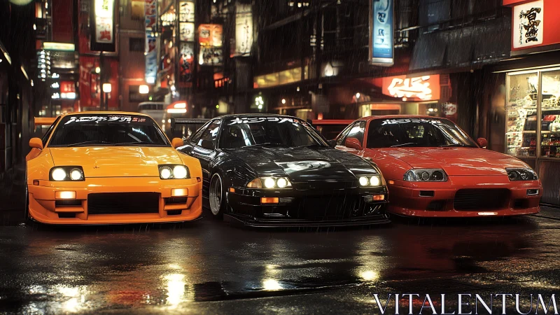 Neon-soaked JDM street racers aligned on rainy Tokyo night.