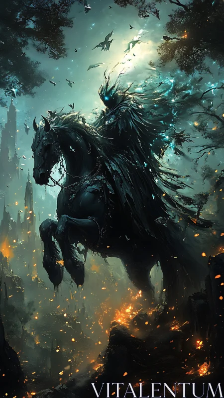 Dark rider on spectral horse amid burning ruins at night.
