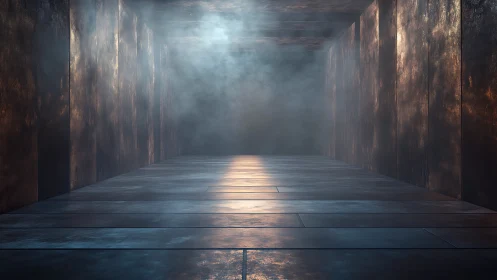 Luminous mist fills an industrial metallic corridor interior.