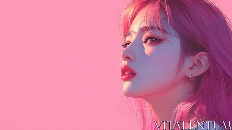 Dreamy pink portrait with soft light and thoughtful gaze.