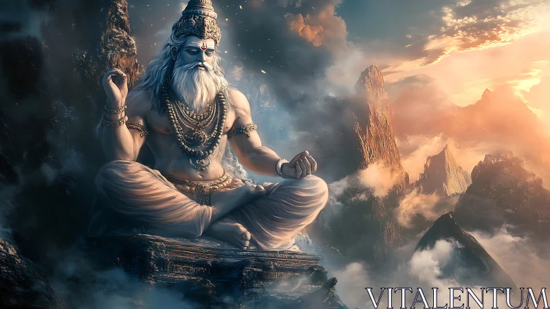 Divine sage meditating above misty celestial mountains.