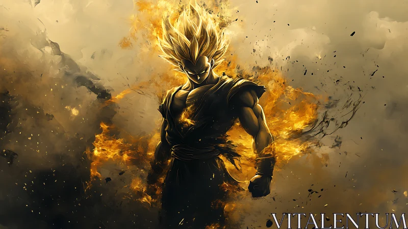 Blazing anime warrior erupting with molten golden energy.