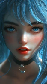 Hyperreal blue haired portrait with high gloss skin shading and bokeh