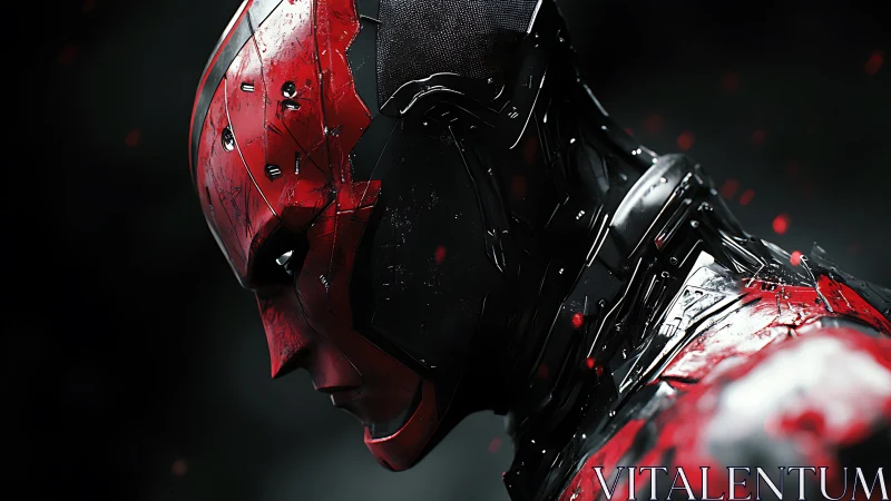 Cyberpunk red armored vigilante profile in 3D hard-surface render.
