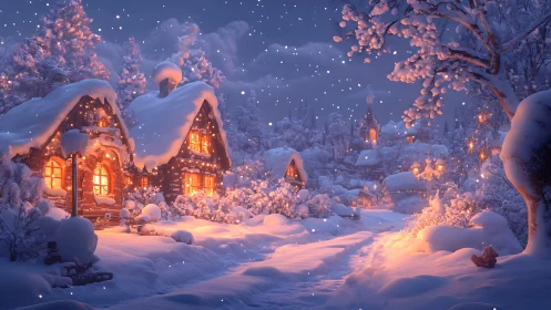 Snowlit village cottages glow with warm interior illumination