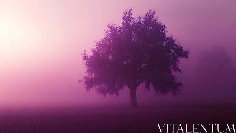 Solitary tree rises through violet dawn fog