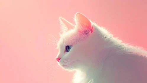 White Cat Portrait Against Soft Pink Background