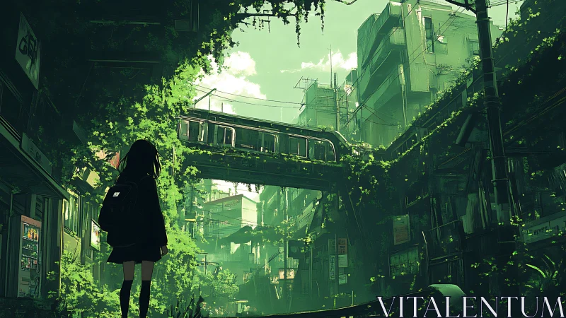 Girl observes overgrown urban rail line in silent cityscape