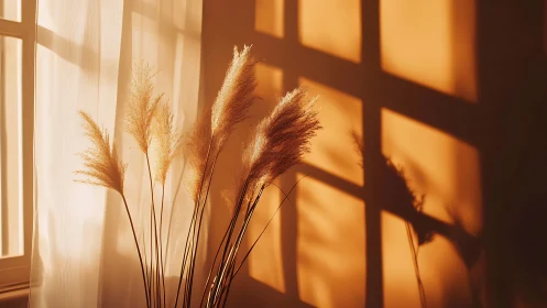 Late-afternoon pampas grass casts elongated shadows indoors