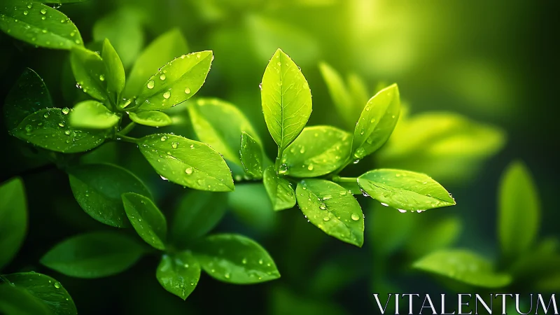 Dew-covered green foliage in soft macro backlight glow.