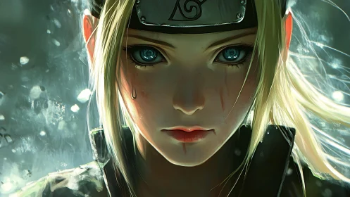Storm-eyed kunoichi stares down fate in shattered light.