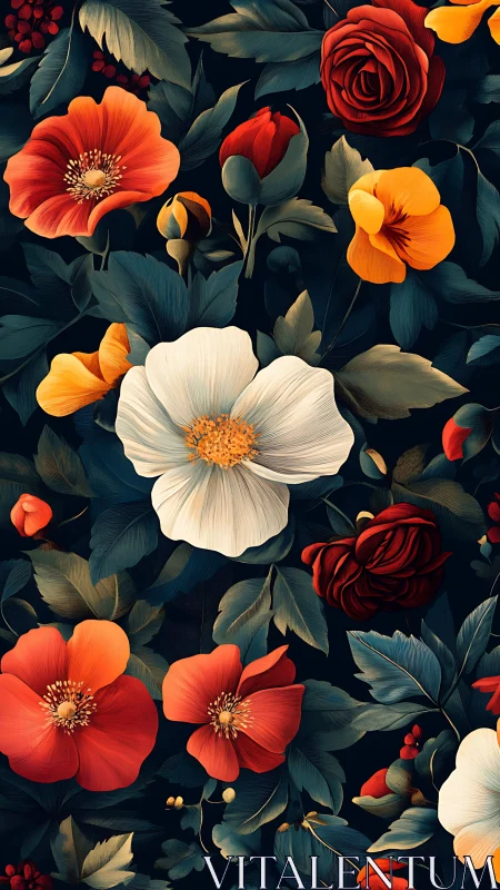 Botanical Illustration with Warm Floral Arrangement on Dark Ground.