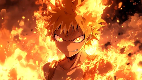 Fiery anime warrior engulfed in dynamic explosive flames.