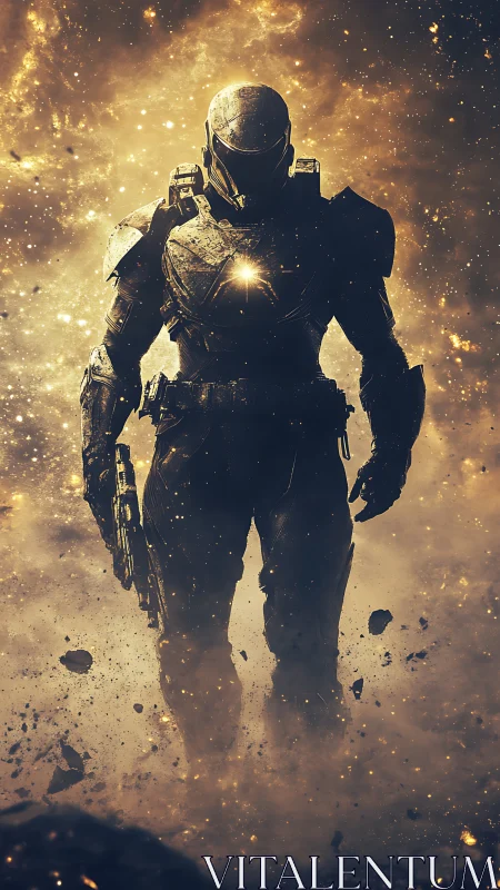 Armored sci fi soldier stands in burning cosmic dust field.