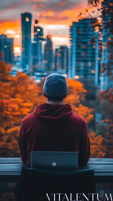 Quiet city sunset with a cozy hoodie and laptop companion.
