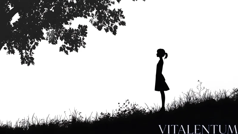 Girl silhouette stands under solitary tree on grassy slope
